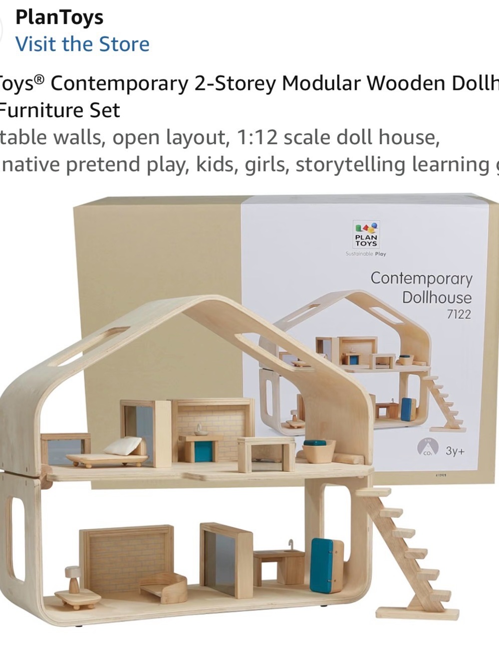 Contemporary 2-Storey Modular Wooden Dollhouse with Furniture by PlanToys